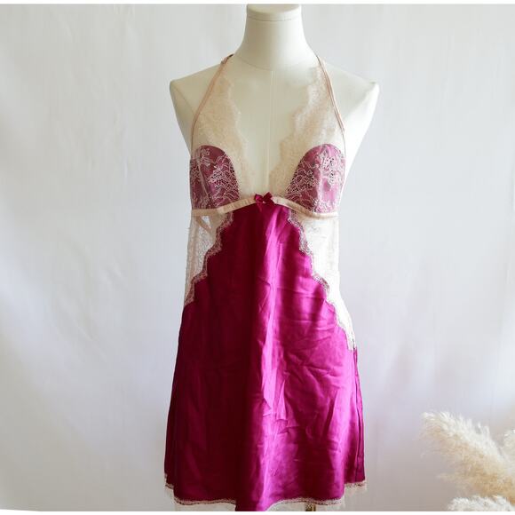 Victoria's Secret Other - Victoria's secret fuchsia satin Lace babydoll nighty slip size L NWT